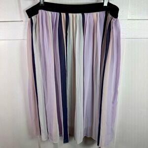 LZLL Womens XL Maxi Skirt Elastic Waist Pleated Striped Lavender Navy White